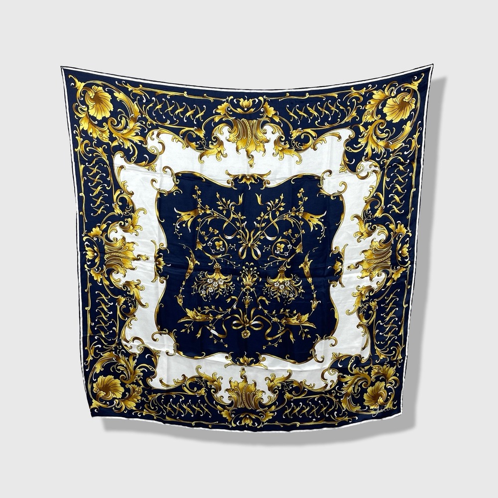 Gita Silk Scarf Womens OS Navy Blue Gold Baroque Scroll Made in Italy Luxury